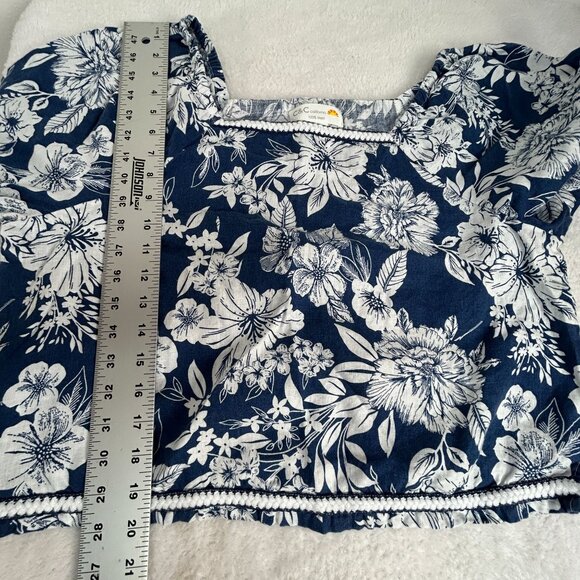 C&C California Womens Blue and White Floral Square Neck Linen Top Blouse Large - Picture 7 of 8